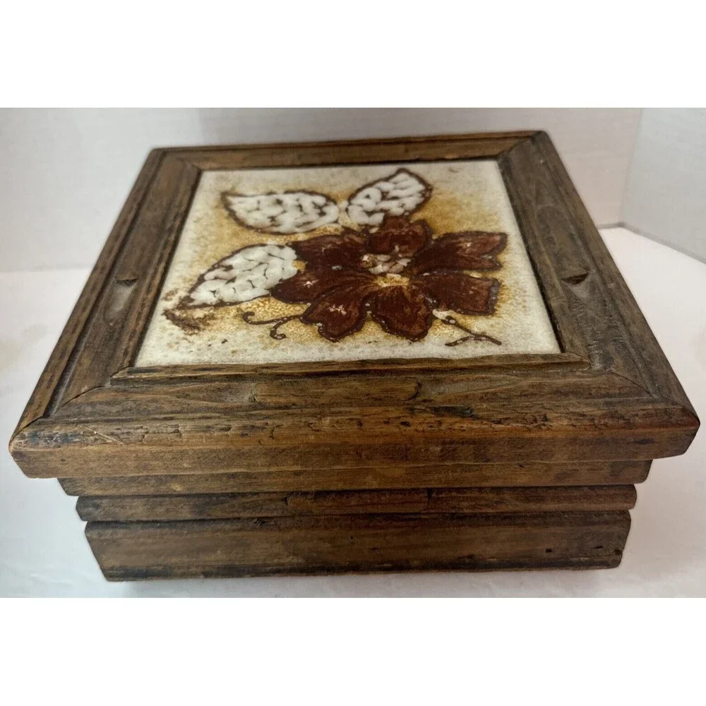 Hand Carved Wooden Mexico Box  Hand Painted Floral Flower Tile Made In Italy